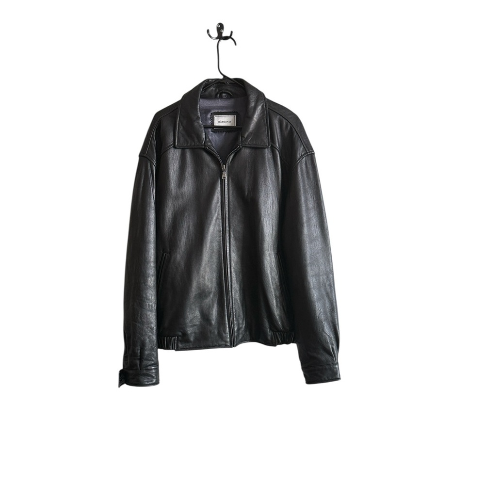 Hathaway Men’s Black Leather Zip-Up Jacket with Elastic Hem, Size XXL